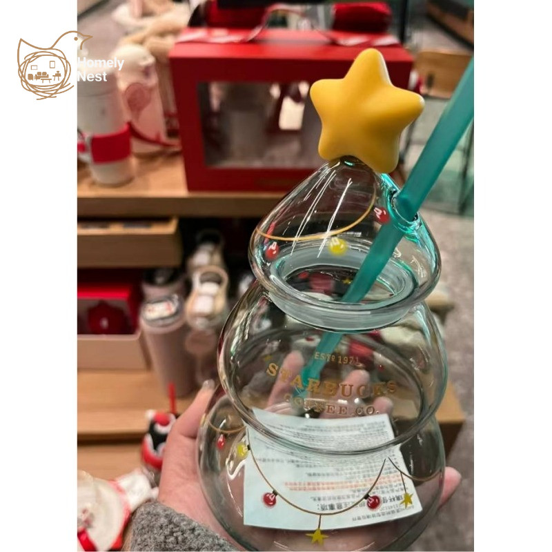 Starbucks Cup Christmas Tree Glass Cup 640ml 3D รูปร่างฟางวันหยุดของขวัญ Festive Decor Creative น่ารักสะสมสําหรับ Christmas Season Xmas ของขวัญ