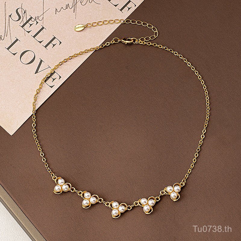 สร้อยคอมินิคลาบิคเชน ลายดอกเคลเวอร์ไข่มุก สไตล์แฟรี้ยน หรูหราและเข้าได้กับทุกชุด DMN