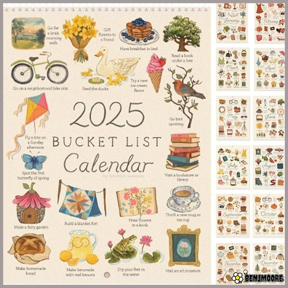 BENJMOORE 2025 ปฏิทินรายการถัง, ลวดเกลียวคู่-Binding Bucket List Journal Wall Calendar, ตกแต่งบ้านแข