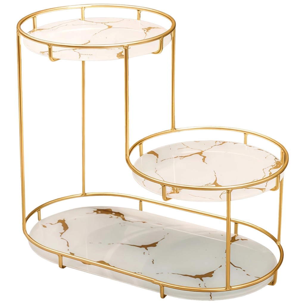 Gold Makeup Organizer, 3 ชั้นเคาน์เตอร์ห้องน้ํา, ถาดน้ําหอม, ชั้นวางโต๊ะเครื่องแป้งเหล็ก, ความสูง 10.2 นิ้ว / 26 ซม., เนื้อหินอ่อนเทียมสีขาว