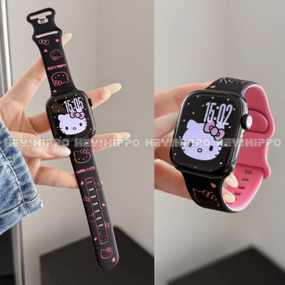 KT cat สายซิลิโคนพิมพ์ลายเหมาะสําหรับ iwatch 11/SE3/10/9/8/7/6/5/4/3/2/1 สายรัดหัวเข็มขัดผีเสื้อน่ารักเหมาะสําหรับ 49/46/45/44/42/41/40/48 มม./ultra