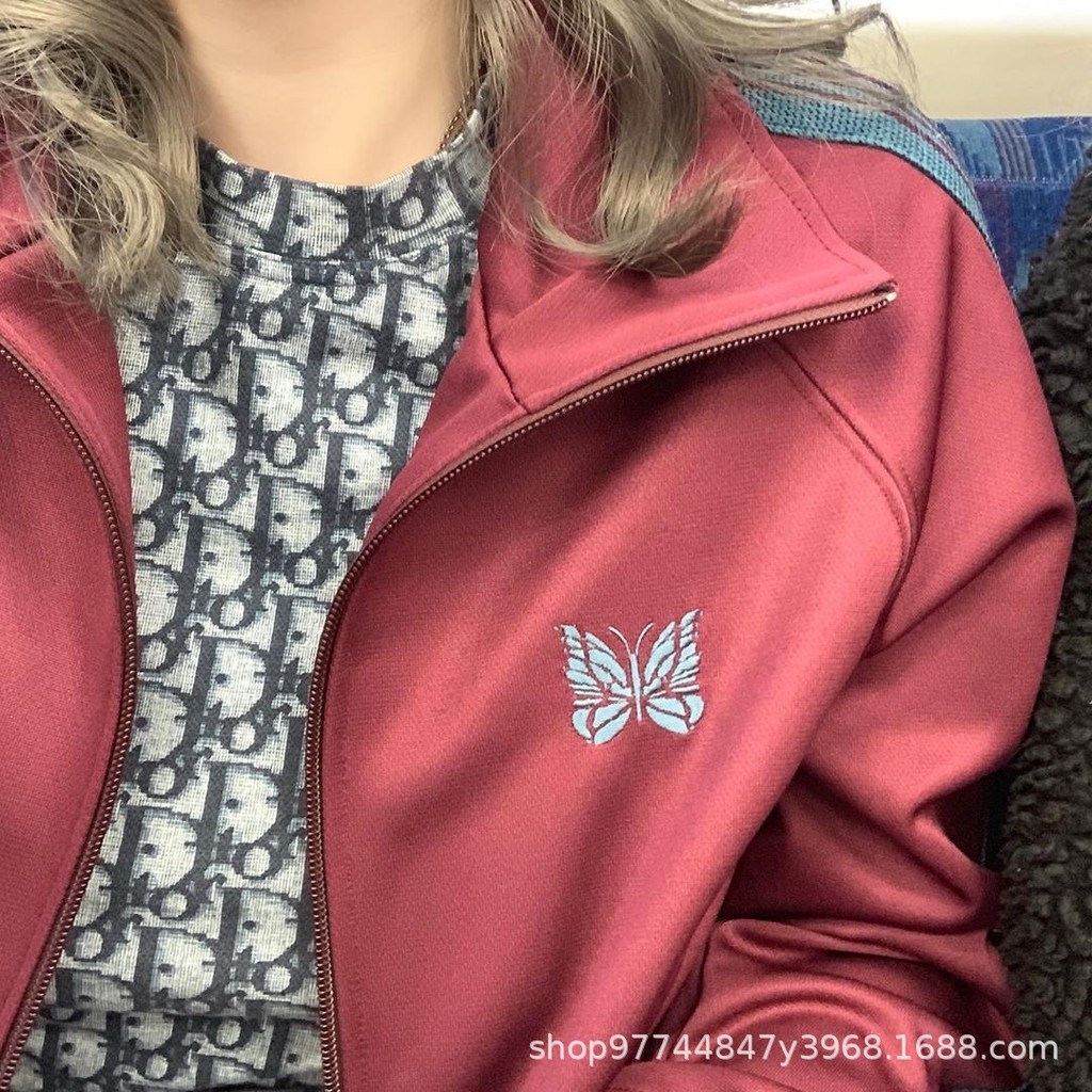 Needles Burgundy embroidery LOGO Zipper Cardigan Jacket Navy Blue Stand Collar Casual Long Sleeve Ja