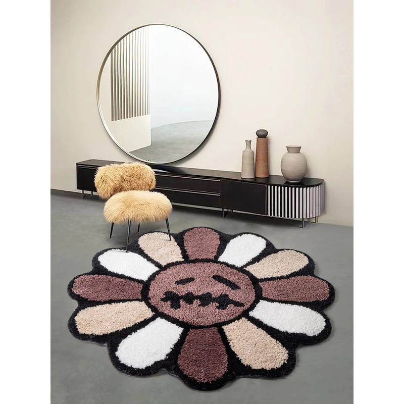 Smiling Face Tufted Rug Flower Art Rug for Bedroom Living Room Retro Rainbow Fluffy Bathroom Smile R