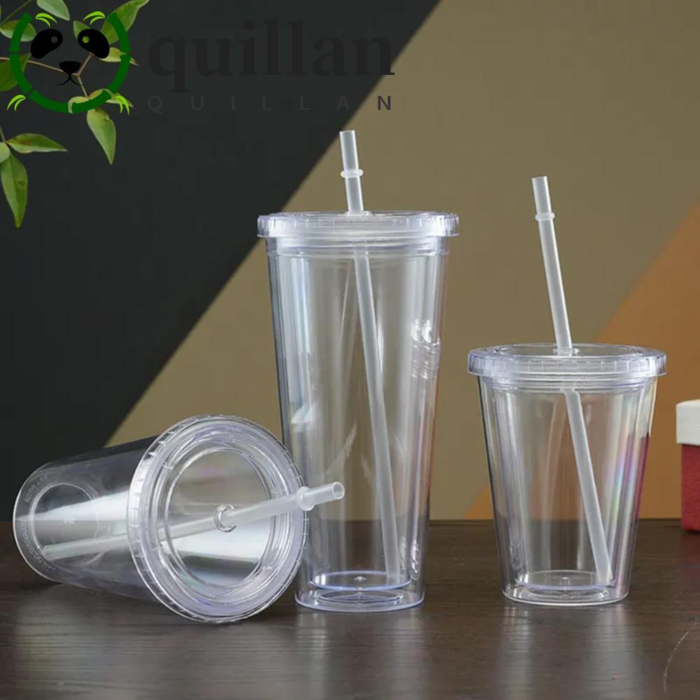 QUILLAN แก้วน้ําใสพร้อมฝาปิดและฟาง 350/450/650ml ขวดน้ํา, Househo โปร่งใสสองชั้นพลาสติกถ้วยกาแฟเย็นใช้ในบ้าน
