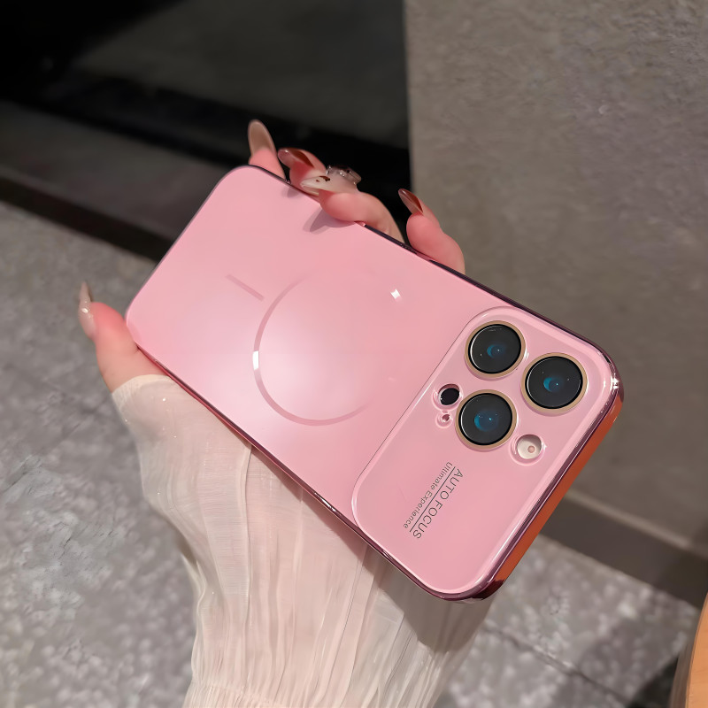 Large Window Glass lens/Matte AG hard case/สีชมพู เคส เข้ากันได้สำหรับ iphone 14 15 16 17 pro max เคสกันกระแทกผิวป้องกัน