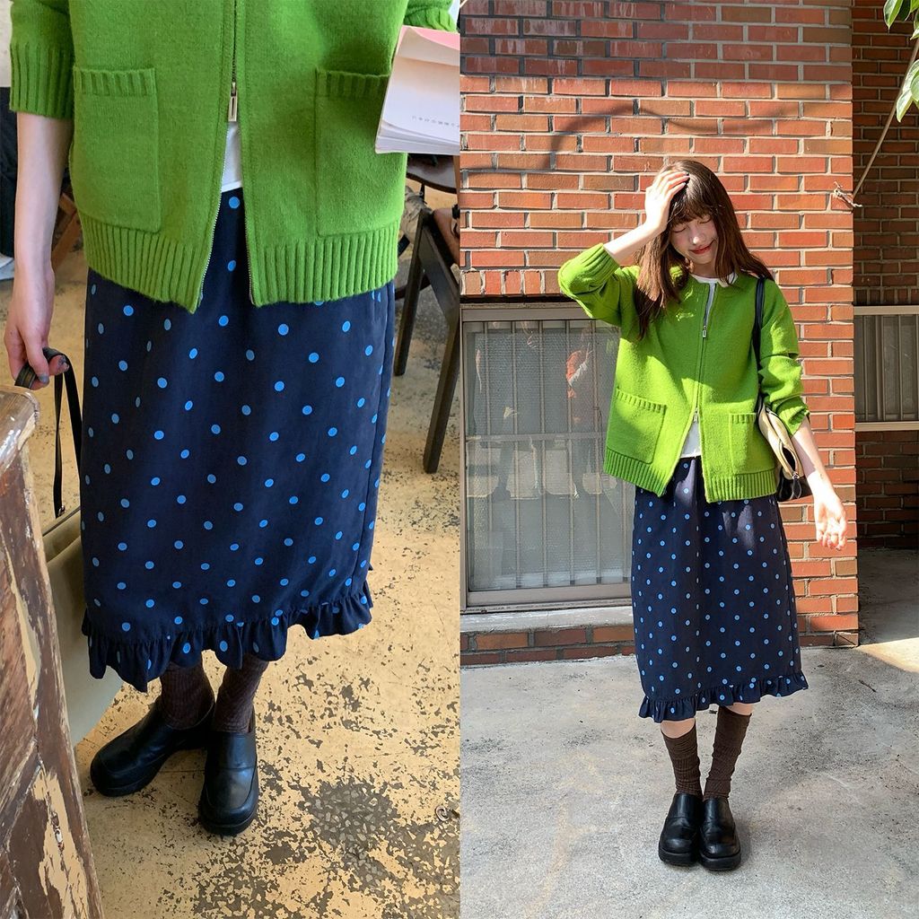 [สินค้าใหม่] Retro Polka Dot Funer Edge Straight Skirt Spring Autumn Female Mid-Length All-Match Loose Lace Ski