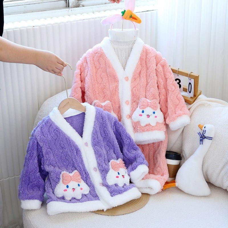 Cinnamoroll & Kuromi Girls Coral ขนแกะชุดนอนชุด 4-8 ปีฤดูหนาว Flannel Loungewear เด็ก