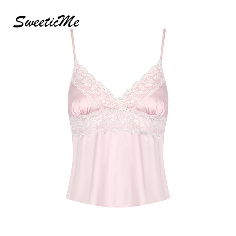 SweeticMe เสื้อสตรี 2026 แฟชั่นใหม่สีทึบเซ็กซี่ลูกไม้คอวีสายเดี่ยว