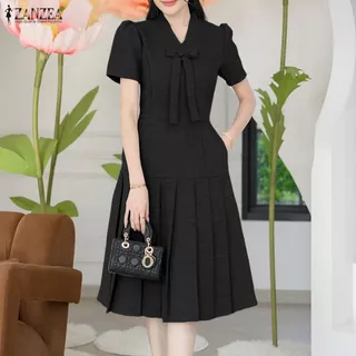 ZANZEA ผู้หญิงสํานักงานเกาหลี Elegant V คอพัฟแขน Bowknot Decor จีบ Hem Dresses