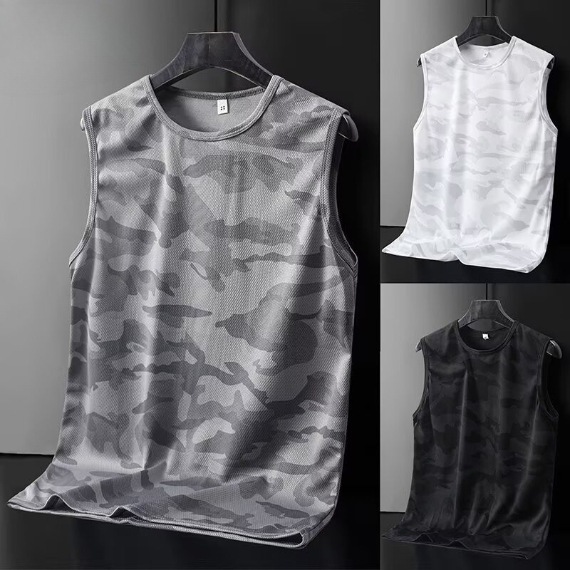 ขนาดบวกเย็น ดร-พอดี ดอกไม้ผู้ชายแห้งเร็วตาข่ายเสื้อกั๊กแขนกุดหลวมพอดีพรางผ้าไหมน้ําแข็งสําหรับยิมวิ่งฤดูร้อนสบายๆ