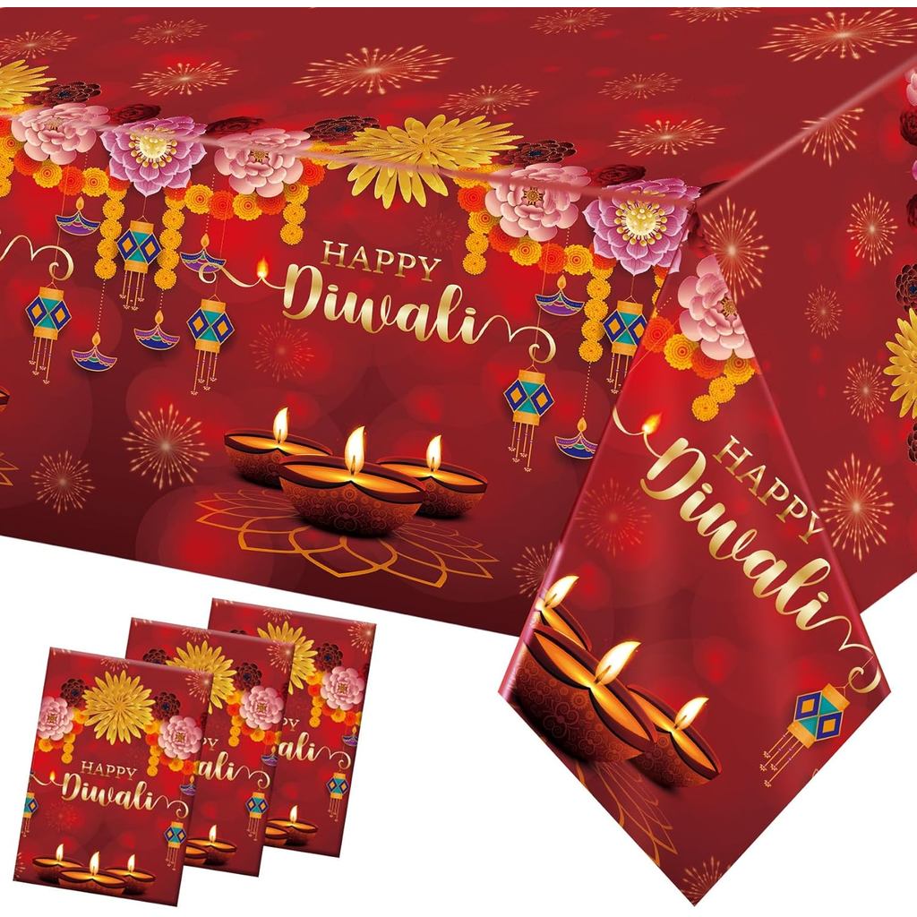 Happy Diwali ผ้าปูโต๊ะแบบใช้แล้วทิ้ง, 3 ชิ้นตารางพลาสติกสี่เหลี่ยมผืนผ้า, Diwali ตารางผ้าสําหรับ Hom