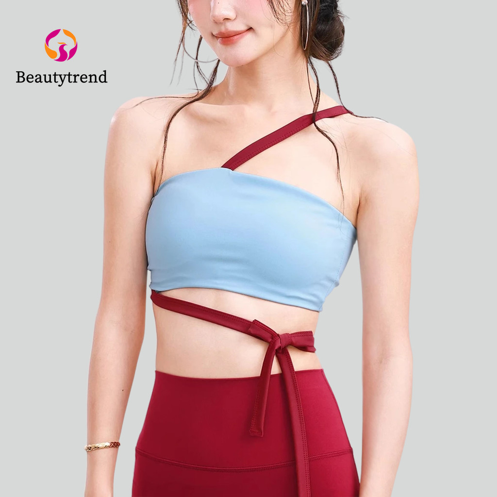 【Beautytrend】Sports Bra สายรัดไหล่ไม่สม่ําเสมอเอวลูกไม้ Quick-Drying Contrast Color Bra โยคะพิลาทิส – โปรปัง