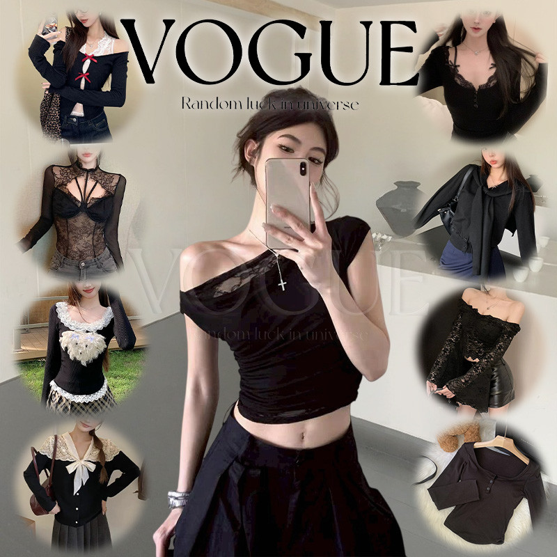 Vogue🌟พร้อมส่ง🌟 แขนยาวไม่สม่ำเสมอ ผ้าใส่สบาย ดีเทลลายโบว์ เสื้อผ้าแฟชั่นผู้หญิง สีดำ