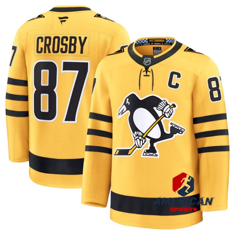 ผู้ชาย NHL Sidney Crosby Pittsburgh Penguins 2025 Gold Hockey Jersey