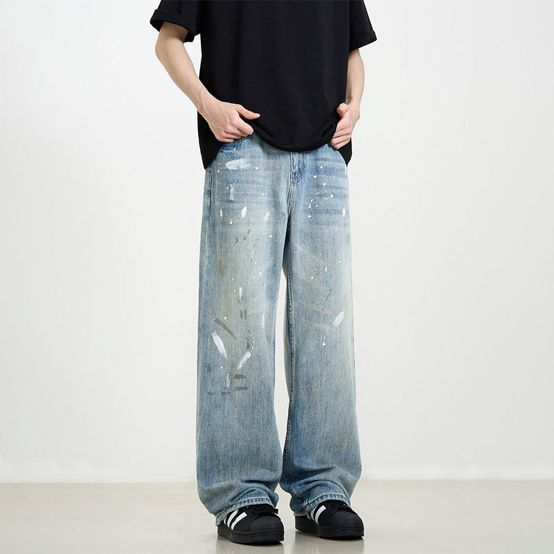 High Street American Street Wear Splash Ink Retro Washed Jeans Men Women Niche Design Loose Casual S