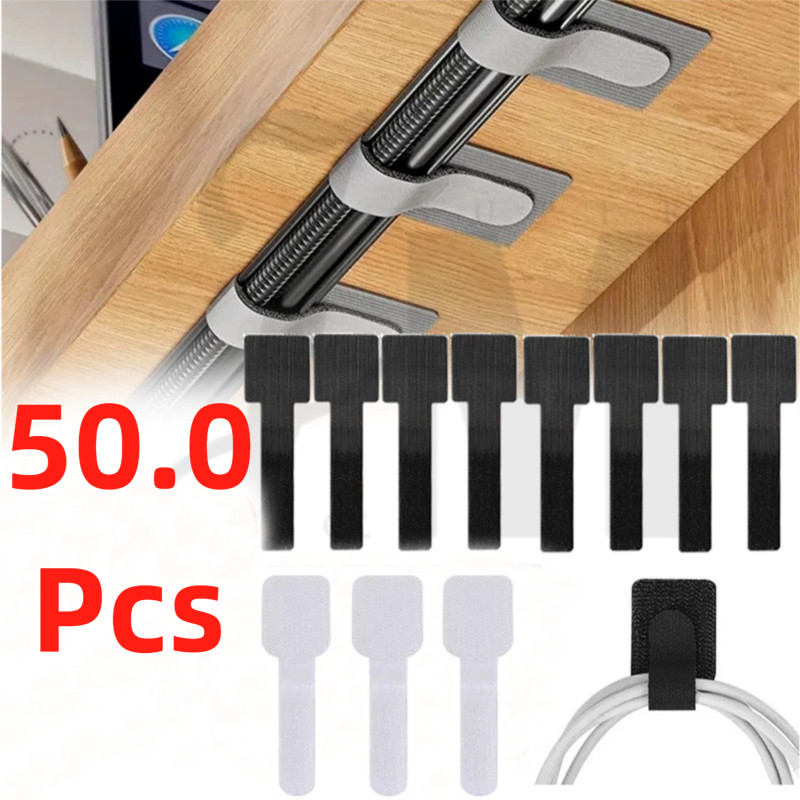 50Pcs ที่จัดระเบียบสายไฟแบบปรับได้ด้วยตนเอง สำหรับสำนักงาน โต๊ะทำงาน และใช้ในบ้าน พร้อมสายรัดสำหรับเก็บสายไฟ