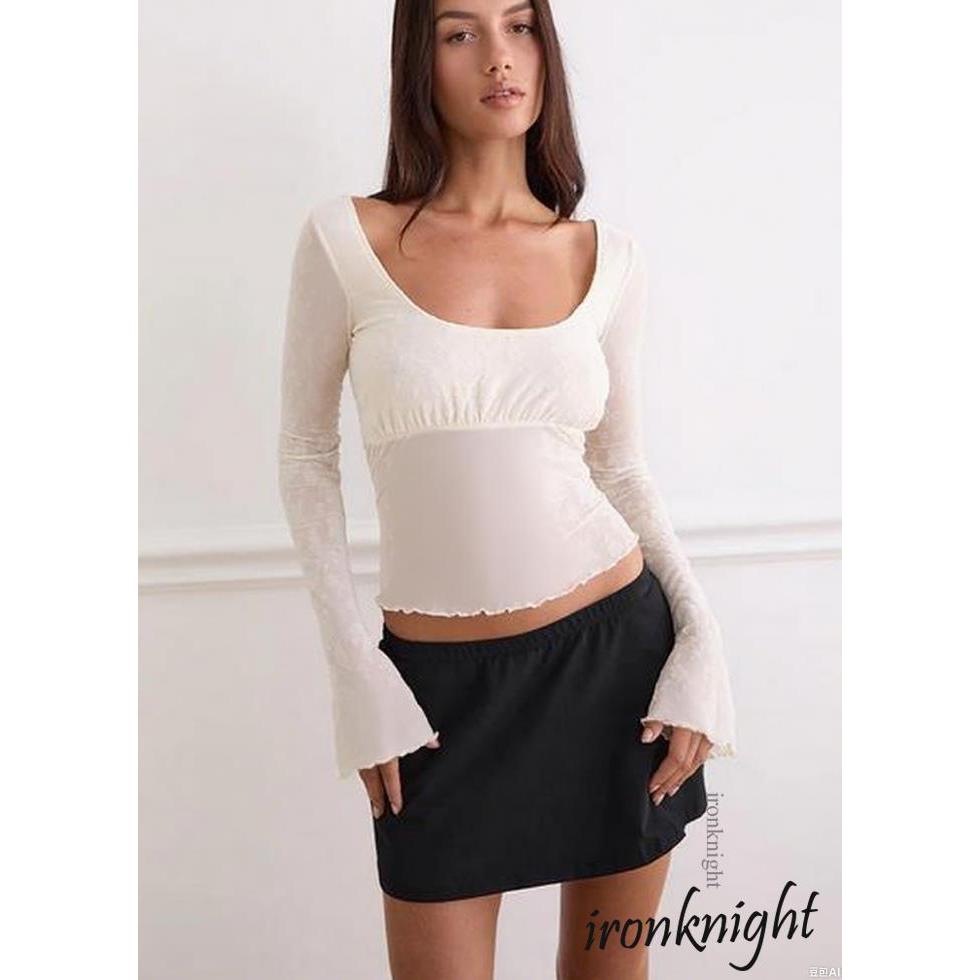 Ironknight - ท้อปฤดูใบไม้ร่วงสำหรับผู้หญิง แขนยาว U-neck formfitting แฟชั่นยอดนิยม เสื้อทรงครอป