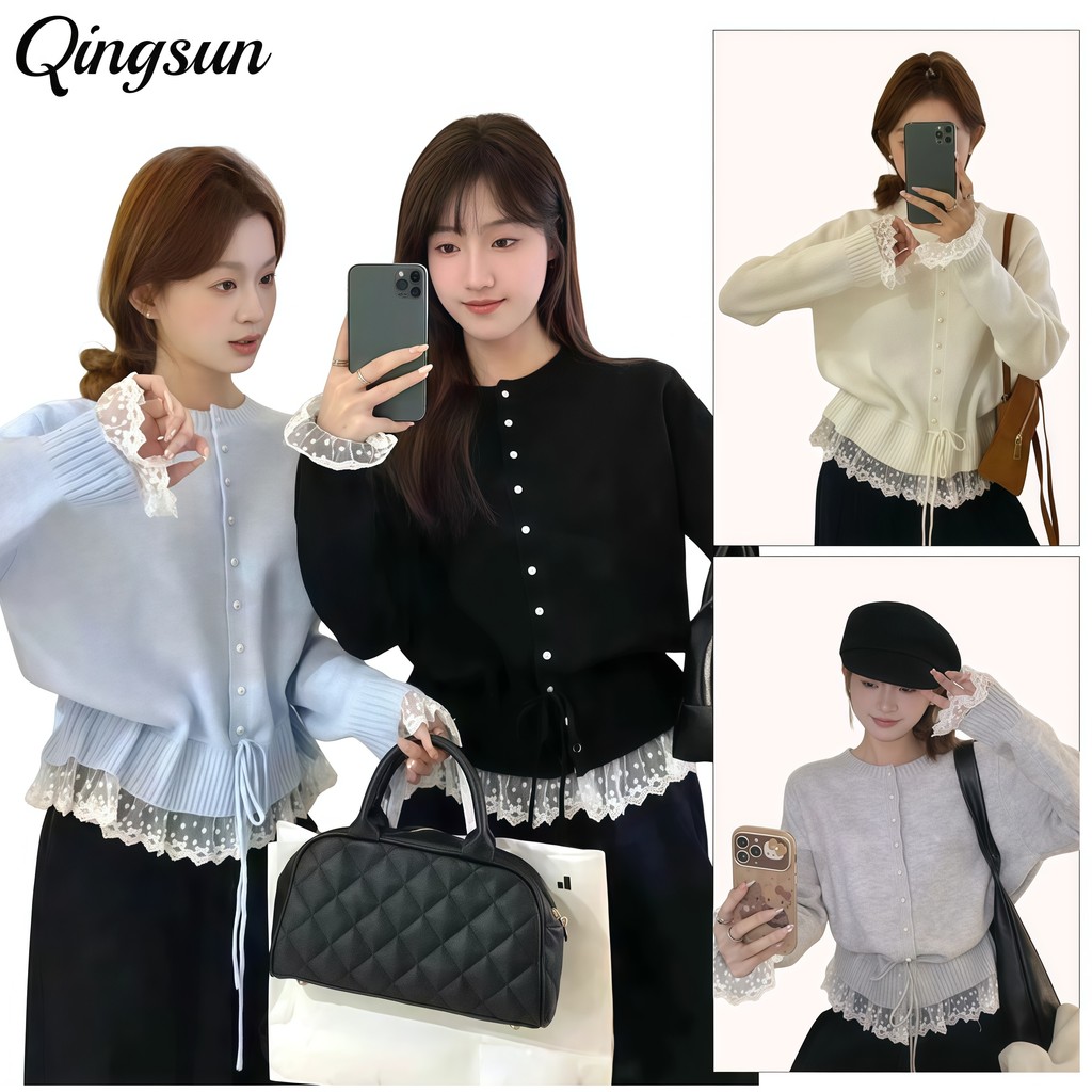 Qingsun  แขนยาว คาร์ดิแกนไหมพรม คอกลม ผ้าใส่สบาย  สีพื้น  สไตล์เกาหลีa ราคา ถูกที่สุด ดีลบีเคเค