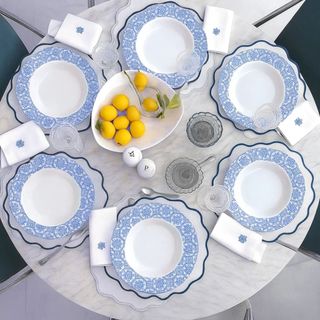 Jogo de Prato Fundo Azul Decorado Kit Prato Redondo em Melamina / Plástico 23cm P/ Festa Restaurante