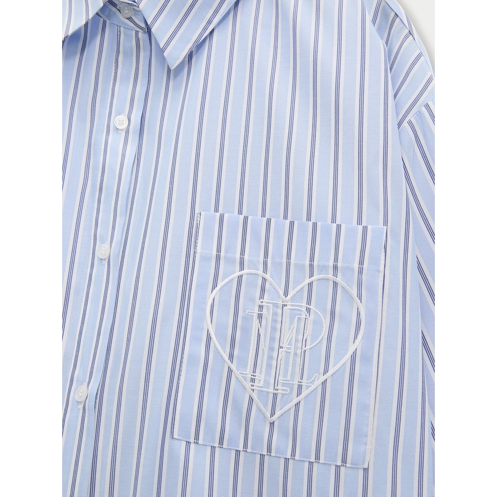 [Pomelo] เสื้อเชิ้ตลายทางดีเทลปักหัวใจ / Heart Embroidered Striped Shirt — صورة 6