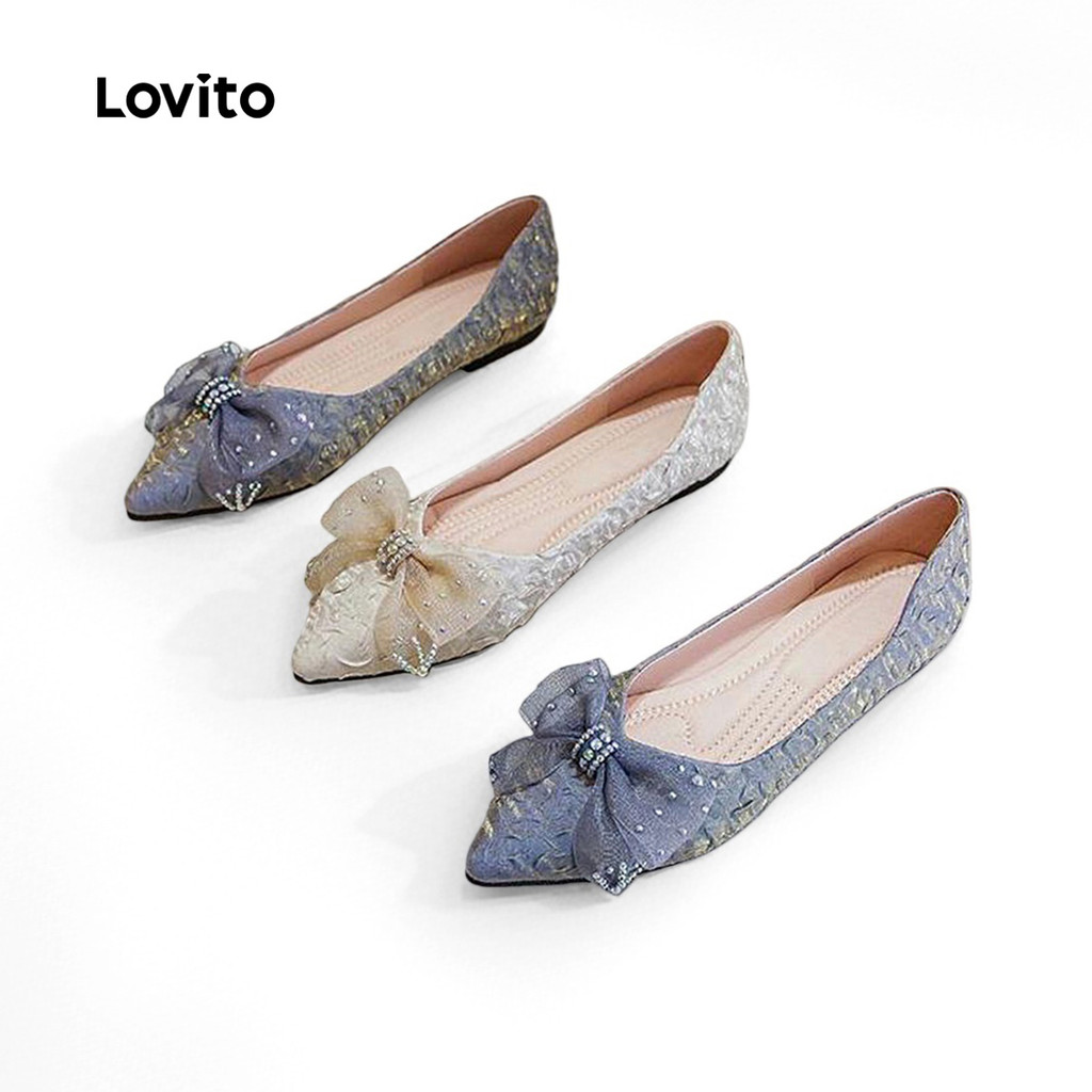 Lovito รองเท้าผู้หญิงแบบแฟชั่นสไตล์ Preppy Mary Janes โบว์ด้านหน้า รองเท้าแฟลตสำหรับเดินทาง LFA85049