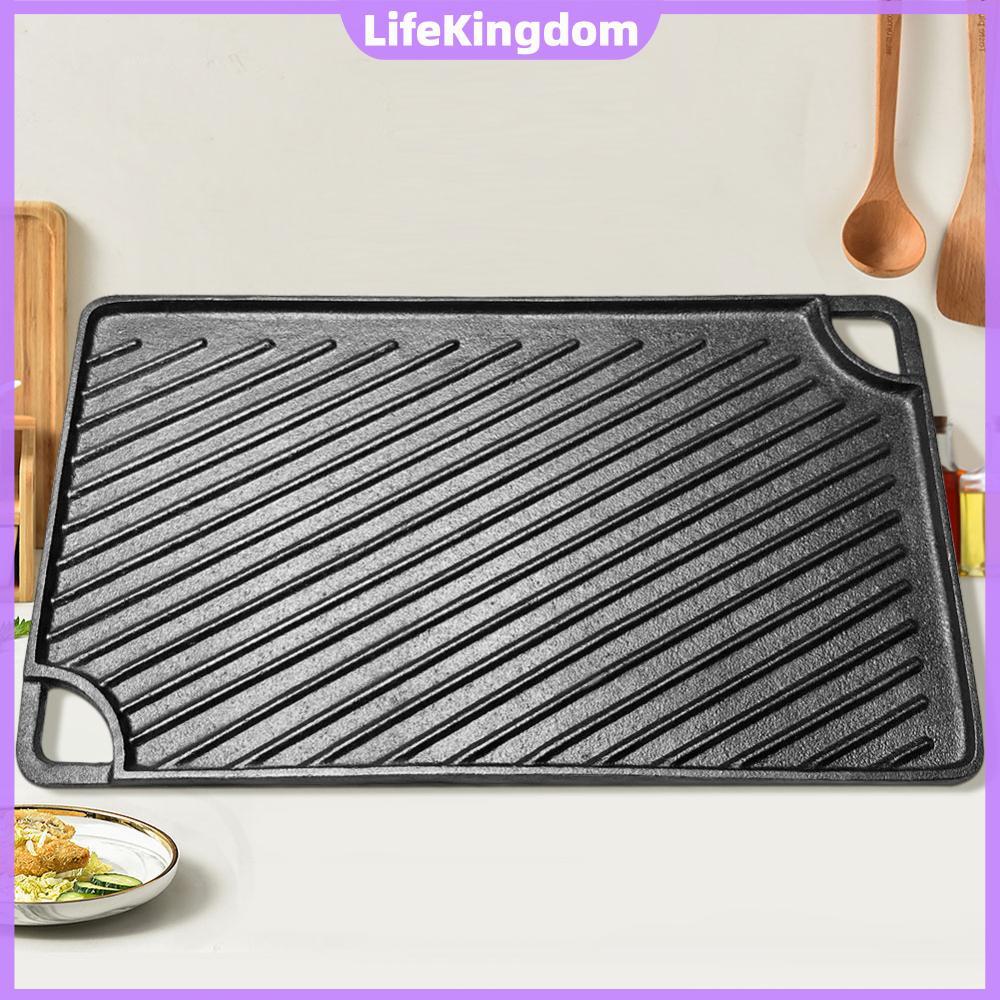 ⚡24ชม.⚡ 16.5X9.5 นิ้วเหล็กหล่อ Griddle Reversible Griddle Pan สี่เหลี่ยมผืนผ้า Skillet สําหรับแก๊สเต