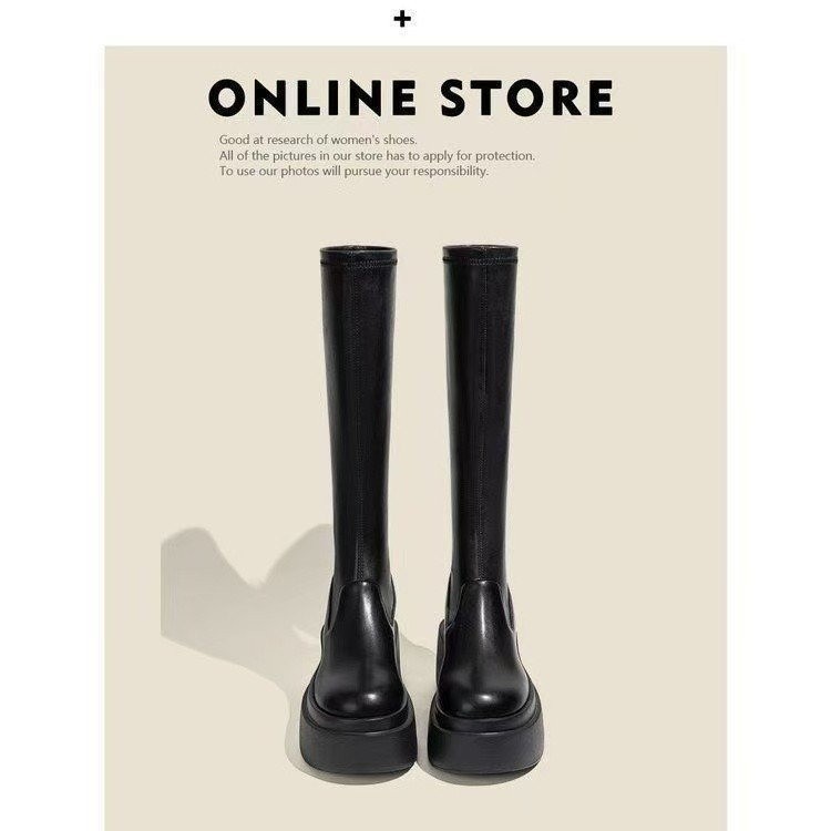 หนาSoledรองเท้าเพิ่มความสูงผู้หญิงขนาดเล็กStreetบางรองเท้าแต่เข่า-สูงอัศวินรองเท้าPQ7C