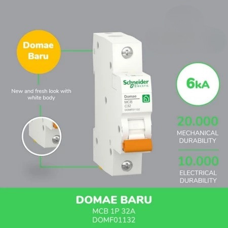 Schneider Electric NEW DOMAE MCB (1P) 2A, 4A, 6A, 10A, 16A, 20A, 25A, 32A, 40A, 50A, 63A - MCB 1 Pha