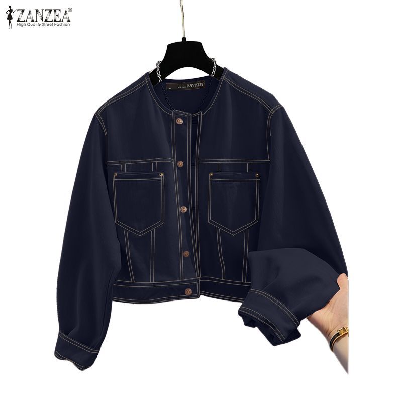 ZANZEA เสื้อแจ็คเก็ตยีนส์คอกลมแขนยาวกระดุมแถวเดียวสำหรับผู้หญิง