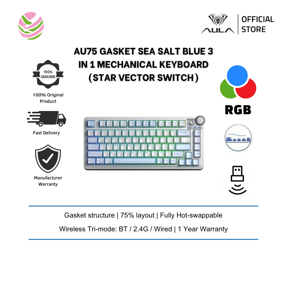 AULA-AU75 ปะเก็น 3 in 1 Mechanical Keyboard Sea salt blue (สีฟ้าอ่อน + สีขาว + น้ําเงินเข้ม) Star Ve