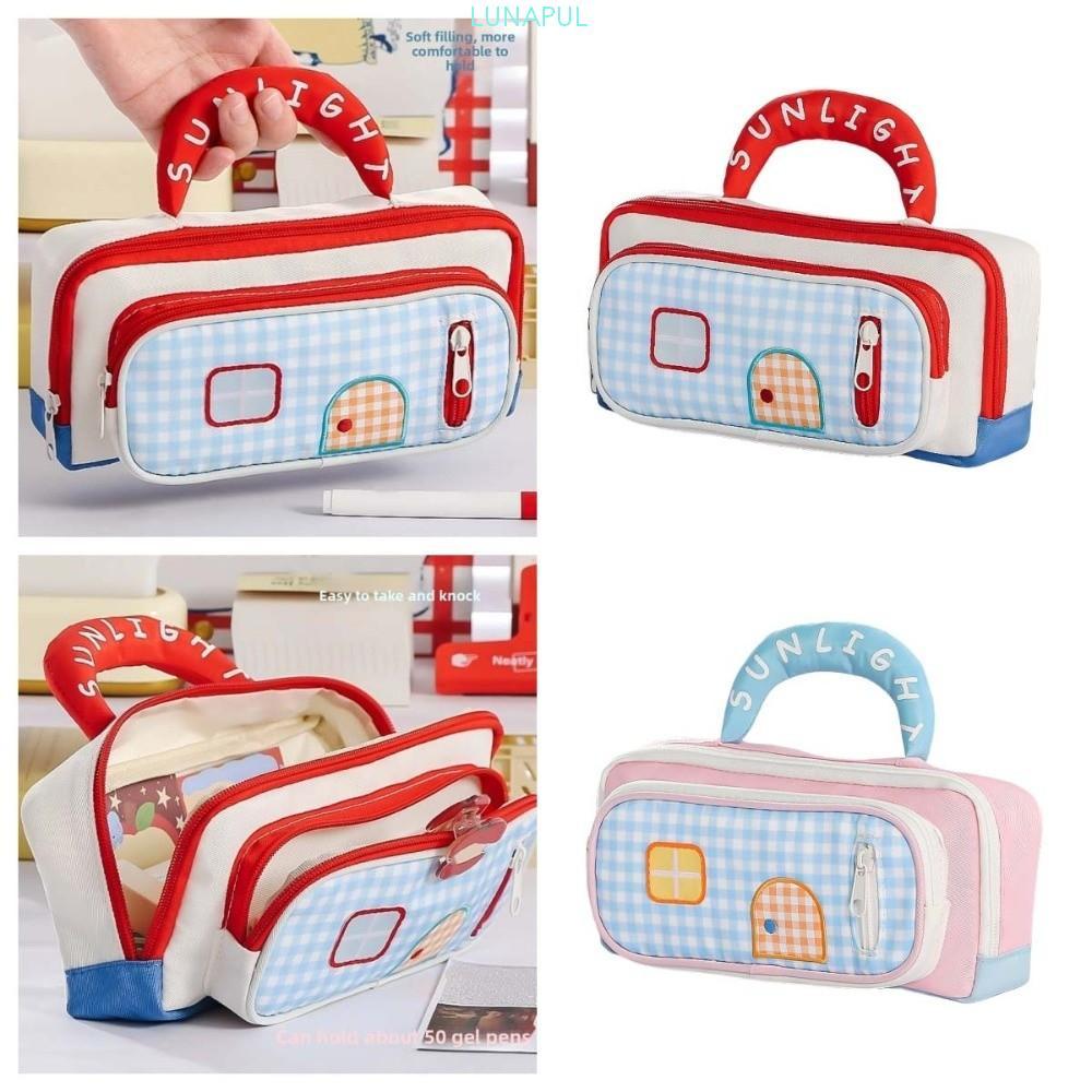 LUNAPUL Dopamine House กระเป๋าดินสอ, ที่เก็บเครื่องสําอางมือถือกระเป๋าเก็บเครื่องเขียน, การ์ตูนเกาหล