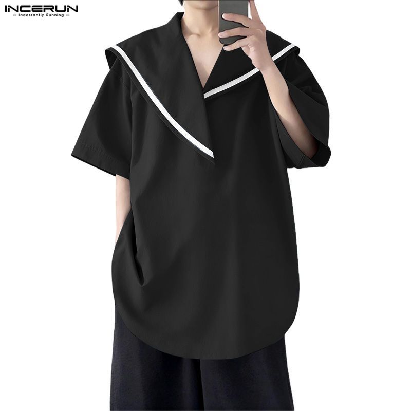 INCERUN เสื้อลำลองแขนยาวสำหรับผู้ชาย สไตล์เกาหลี กะลาสีคอปก ทรงหลวม ออกแบบทันสมัย
