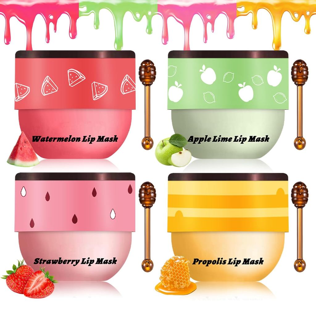 4PCS Bee Lip Balm หม้อน้ําผึ้ง,น้ําผึ้งสตรอเบอร์รี่แตงโม Apple Lime Sleeping Honey Lip Mask Overnigh