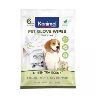 Kanimal Pet Glove wipes ถุงมืออาบน้ำแห้งสำหรับสัตว์เลี้ยง ใช้สารสกัดจากธรรมชาติ อ่อนโยน 1 แพ็ค 6 ชิ้น
