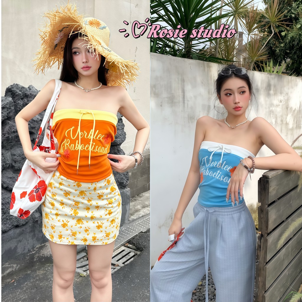 Rosie🍨พร้อมส่ง💛เสื้อครอปสาว เสื้อปาดไหล่แขนยาว สีมัดยอม ดีไซน์เอวผูกเซือก ทรงยาว ทรงรัดตัว แฟชั่นเซ็กซี่สาวเกาหลี