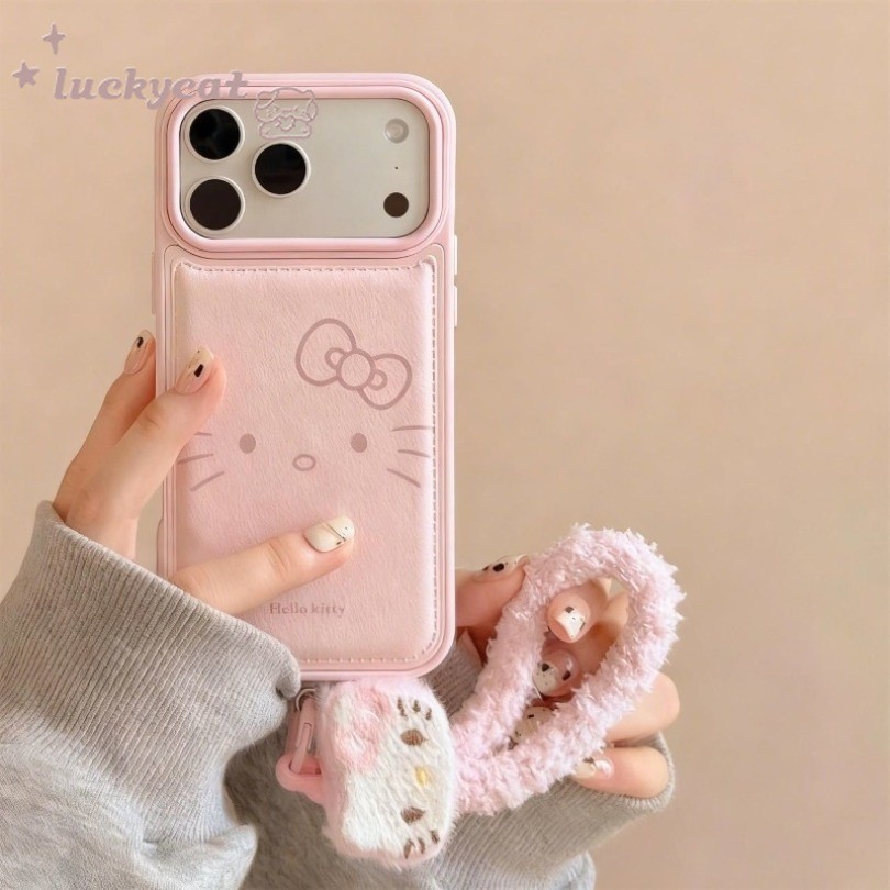 ใช้งานร่วมกับ iPhone 17 16 15 14 13 12 11 Pro Max X Xr Xs Max 7 8 Plus SE2020 เคสโทรศัพท์ Ins น่ารัก Sliver Line Bow KT Cat + Lanyard หนังนุ่มปกหลัง