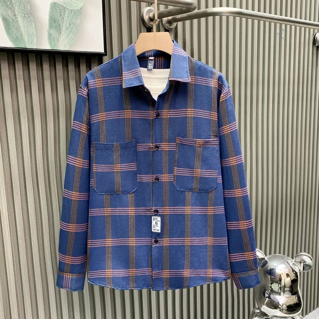 gq เสื้อเชิ้ต เสื้อสีดํา เสื้อเชิ้ตลายสก๊อตสำหรับผู้ชายเสื้อเชิ้ตคอปกทรงหลวมแบบใหม่ฤดูใบไม้ผลิเสื้อโ