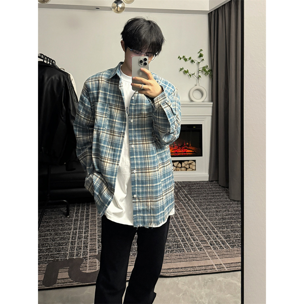 gq เสื้อเชิ้ต เสื้อแขนยาว เสื้อเชิ้ตลายสก็อตขอบดิบแนววินเทจสไตล์อเมริกันสำหรับผู้ชายและผู้หญิงเสื้อเ