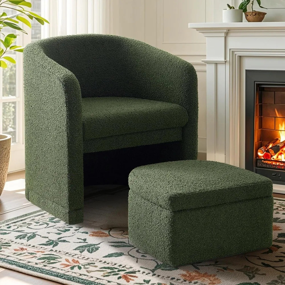 Eluchange Green Upholstered Barrel Armchair Storage Ottoman Footrest , Modern Chair Living Room