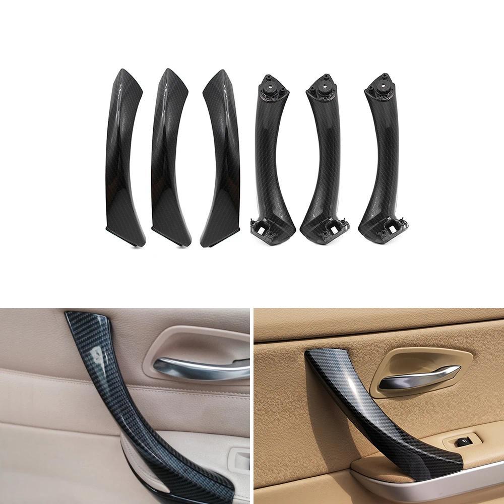 รถ-จัดแต่งทรงผมคาร์บอนไฟเบอร์ Texture 6pcs ภายในแผงประตู Armrest Handle ดึง Trim สําหรับ BMW 3 Serie