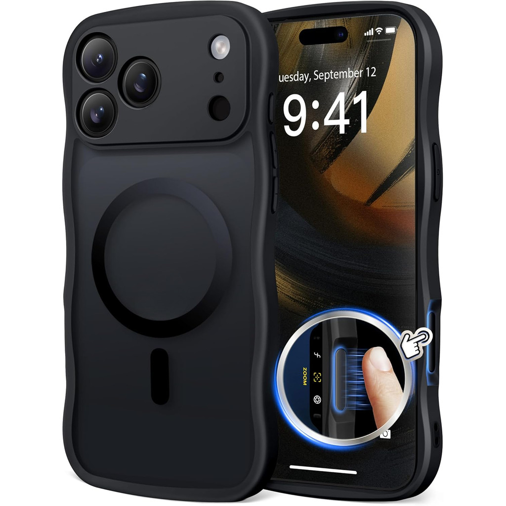 CAPRARO เคสแม่เหล็กสำหรับ iPhone 17 Pro Max สำหรับผู้หญิงและเด็กผู้หญิง อัปเกรด [ปกป้องกล้องเต็มรูปแบบ] เคสโทรศัพท์แบบด้านโปร่งแสงลายคลื่นน่ารักสำหรับ iPhone 17 Pro Max สีดำ