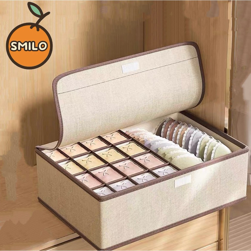 SMILO กล่องใส่ผ้า กล่องใส่ของ กล่องใส่ถุงเท้า หลายช่อง  มีฝาปิด แบบพกพา กล่องใส่ผ้า