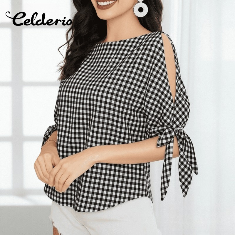 Celderio ท็อปผู้หญิง สไตล์เกาหลี ลายสก๊อต ดีไซน์สายบัวและเปิดไหล่