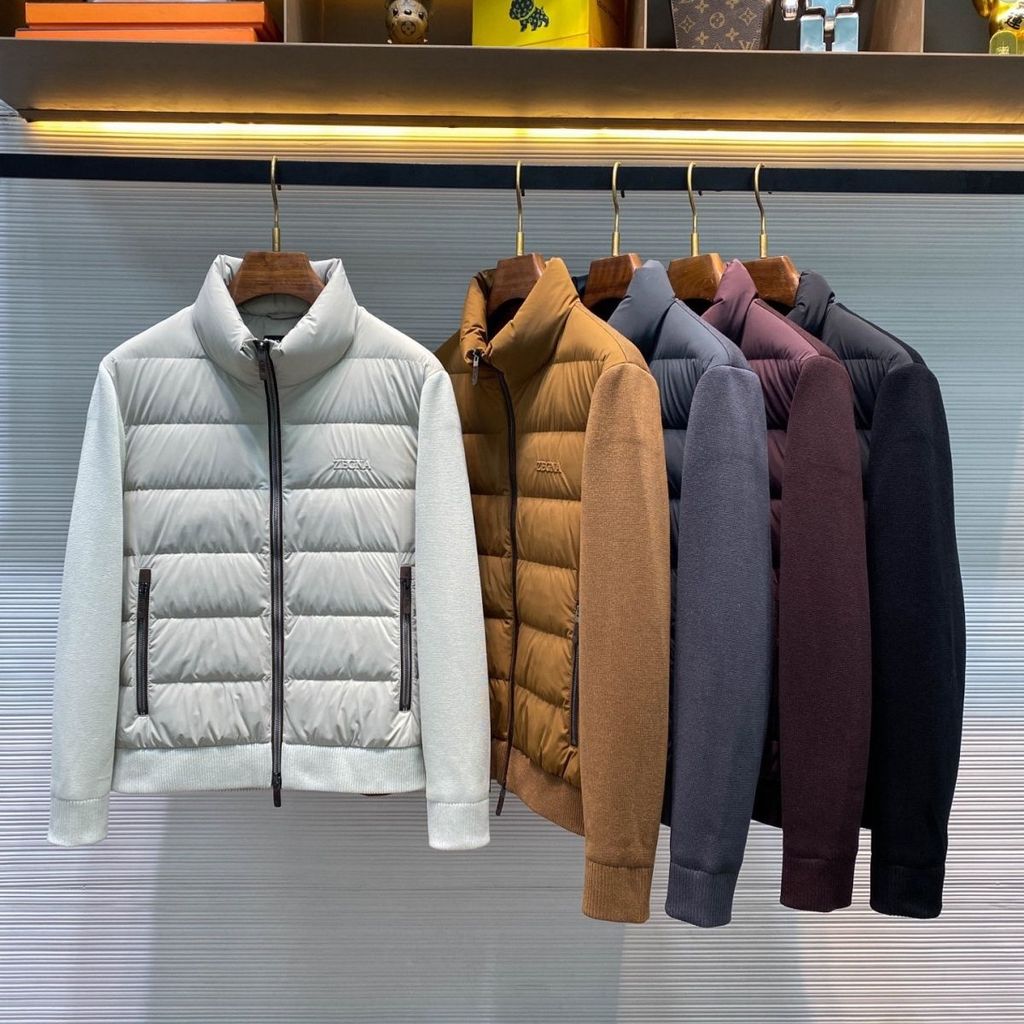 JMKV Zegna 2025European Knitted Patchwork Men's Down Jacket Casual New Duck Down Stand Collar Coat