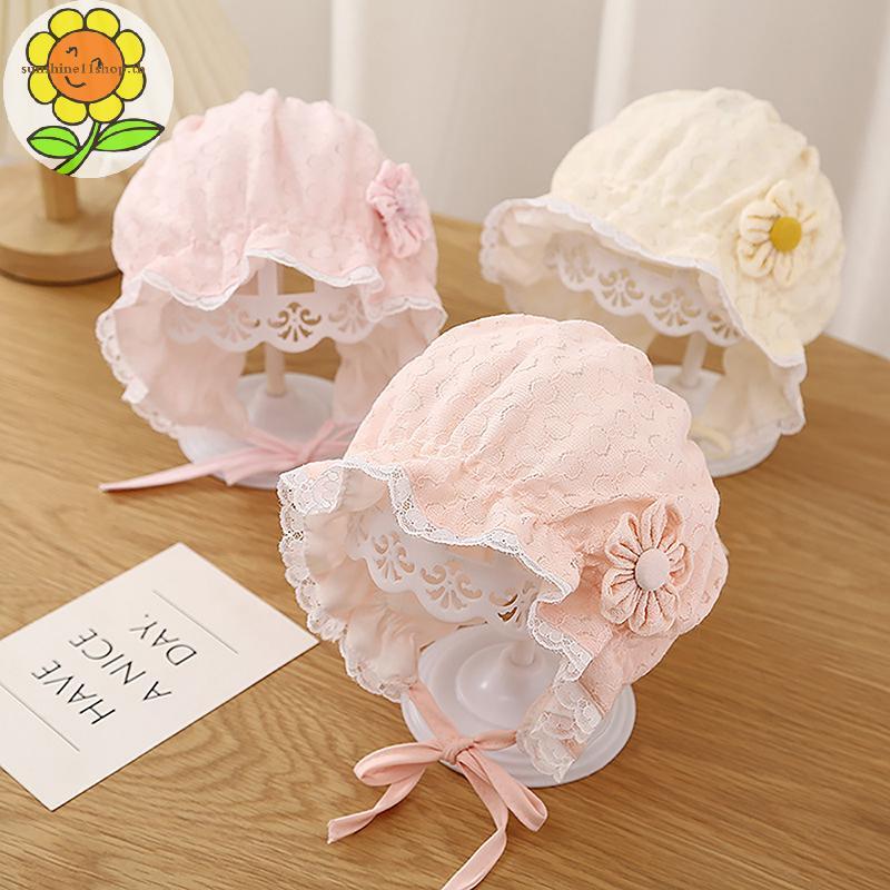 SUNSHOP เด็กน่ารักลูกไม้ดอกไม้ทารกแรกเกิด Bonnet หมวกเจ้าหญิงสาว Ruffle Lace Up ฤดูร้อน Breathable ตาข่ายทารกเด็กวัยหัดเดิน Sun หมวก TH