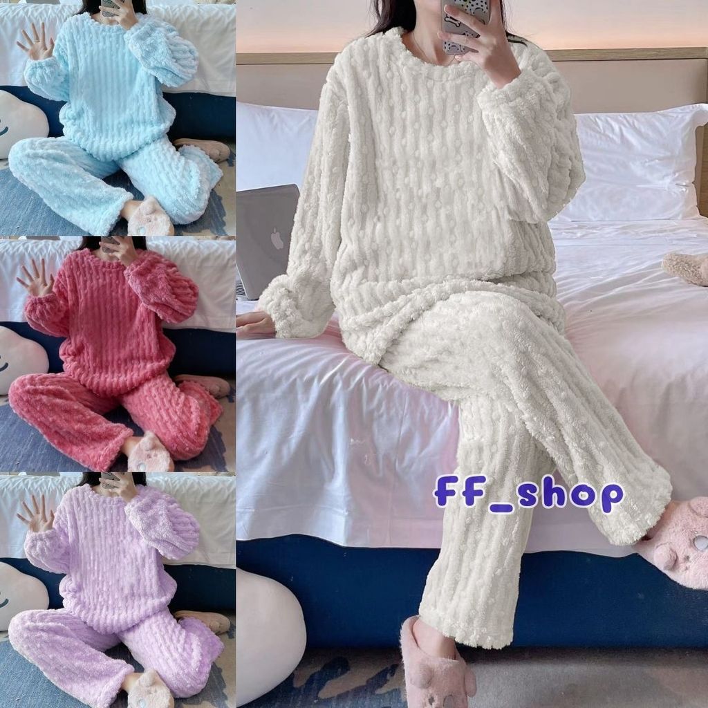 🛒FF.shop🛒ชุดนอนผ้านาโน ขนนิ่ม แขนยาว-ขายาว สีพื้น #SL06