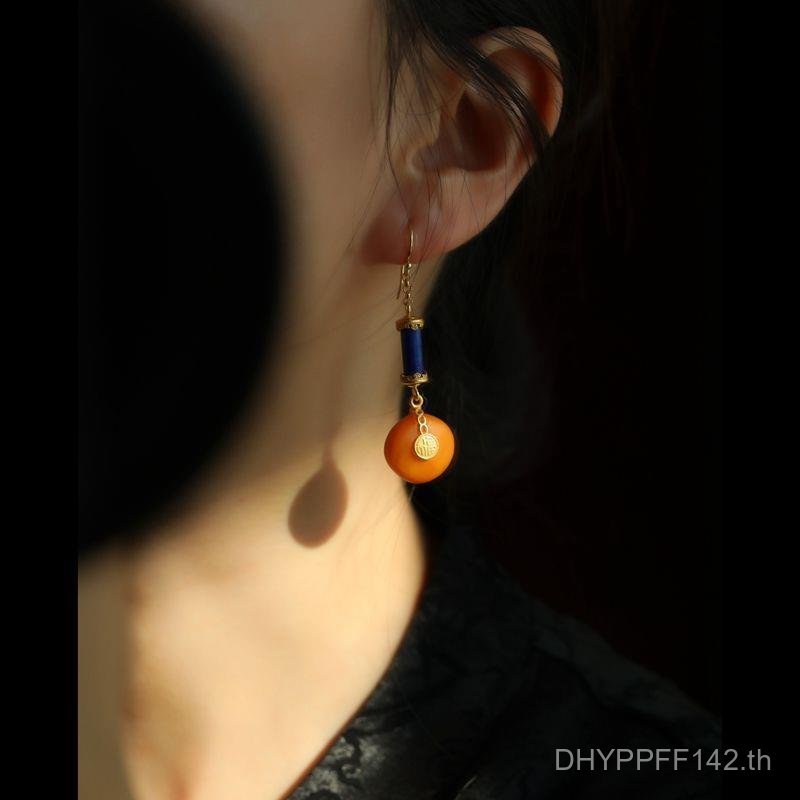 ต่างหูคริสตัล Lapis Lazuli และ Amber แท้ สไตล์เรโทรและชาติพันธุ์ พร้อมสร้อยคอเงินสเตอร์ลิง UXG0
