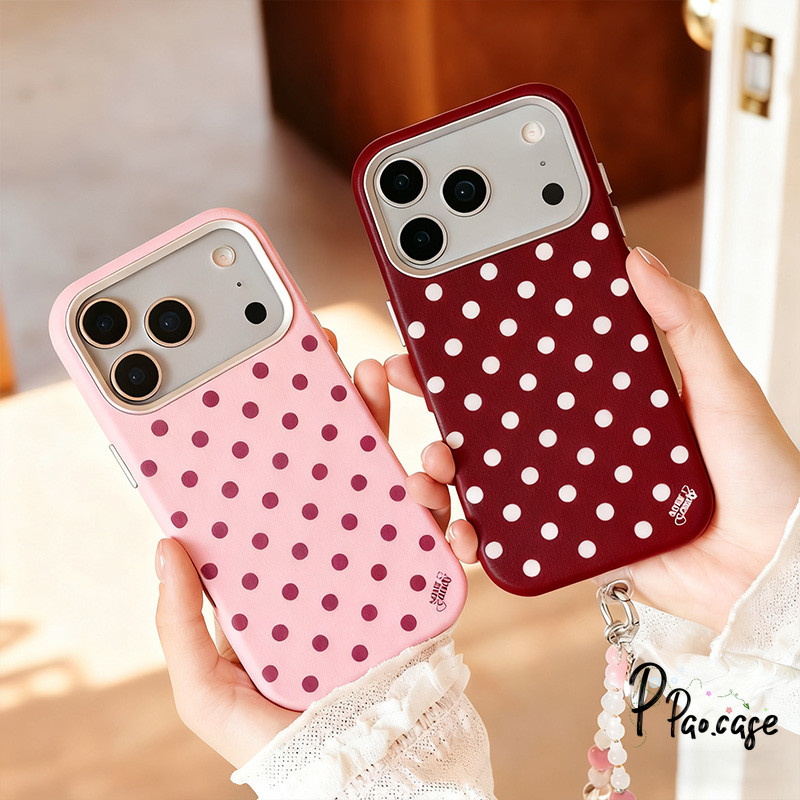 สำหรับiPhone 17 air 15 11 13 14 16 12 Pro Max 7 8 14 15 16 Plus XR X XS SE 2 3 ปกหนังลายจุดสีชมพูวินเทจสีแดงแบบนุ่ม – โปรปัง