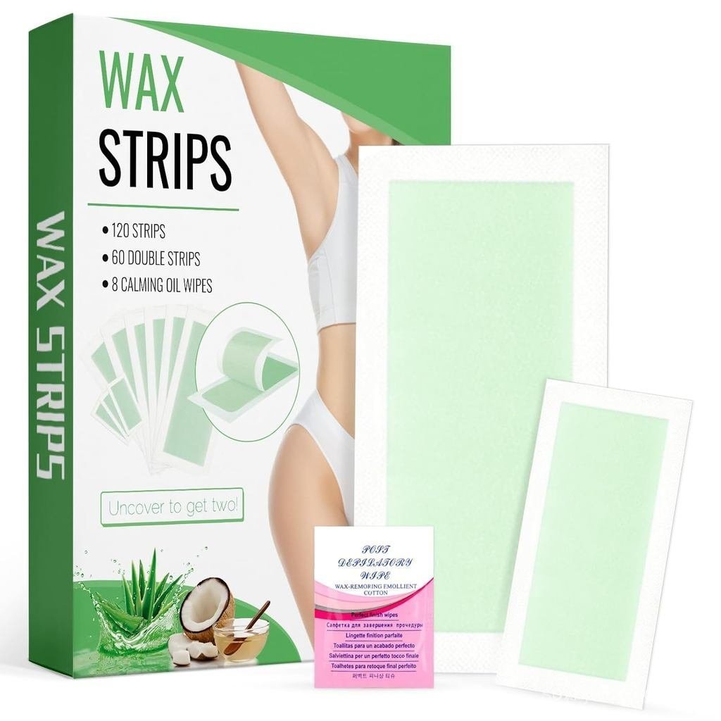 Wax Strips Body Hair Removal 120 Strips 2 Sizes and 8 Oil Wipes Bikini Waxing Strip Dual Sides Brazi
