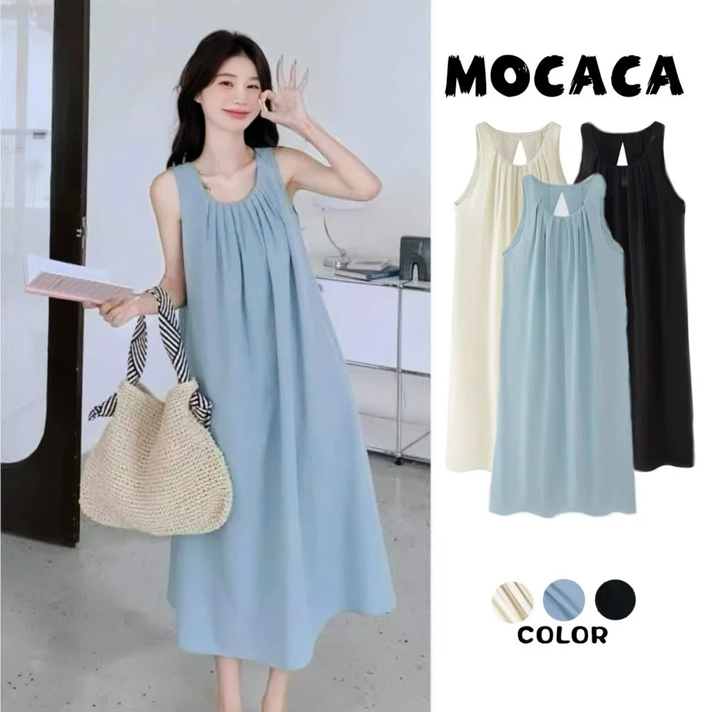 MOCACA ชุดเดรสยาว เดรสคอกลม เดรสแขนกุด ชุดเที่ยวทะเล เนื้อผ้าใส่สบาย ทรงหลวม ชุดผู้หญิง สไตล์ลำลอง